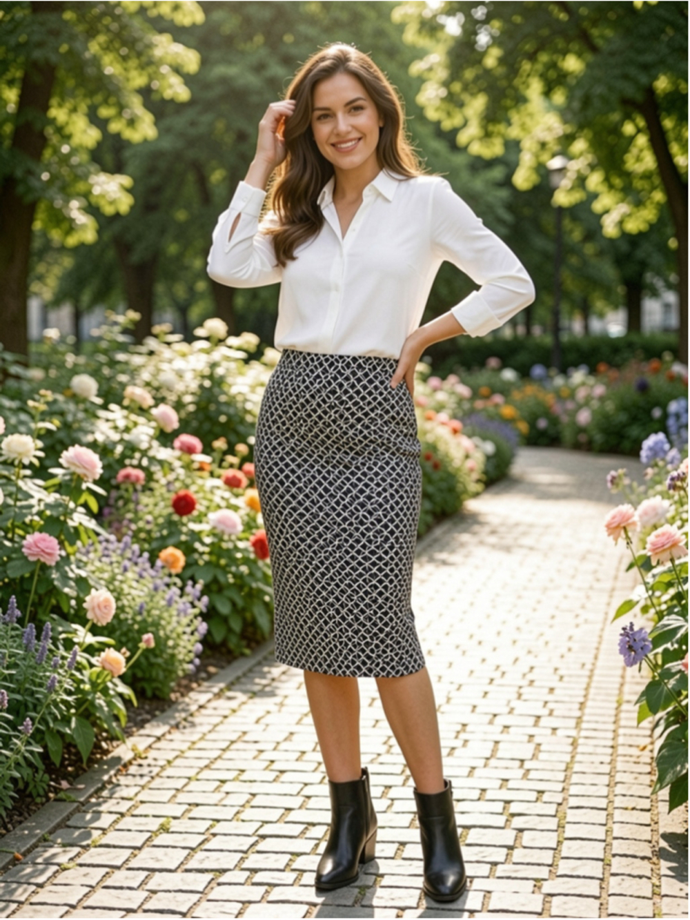 41 HAWTHORN Navy White Geometric Pencil Skirt M